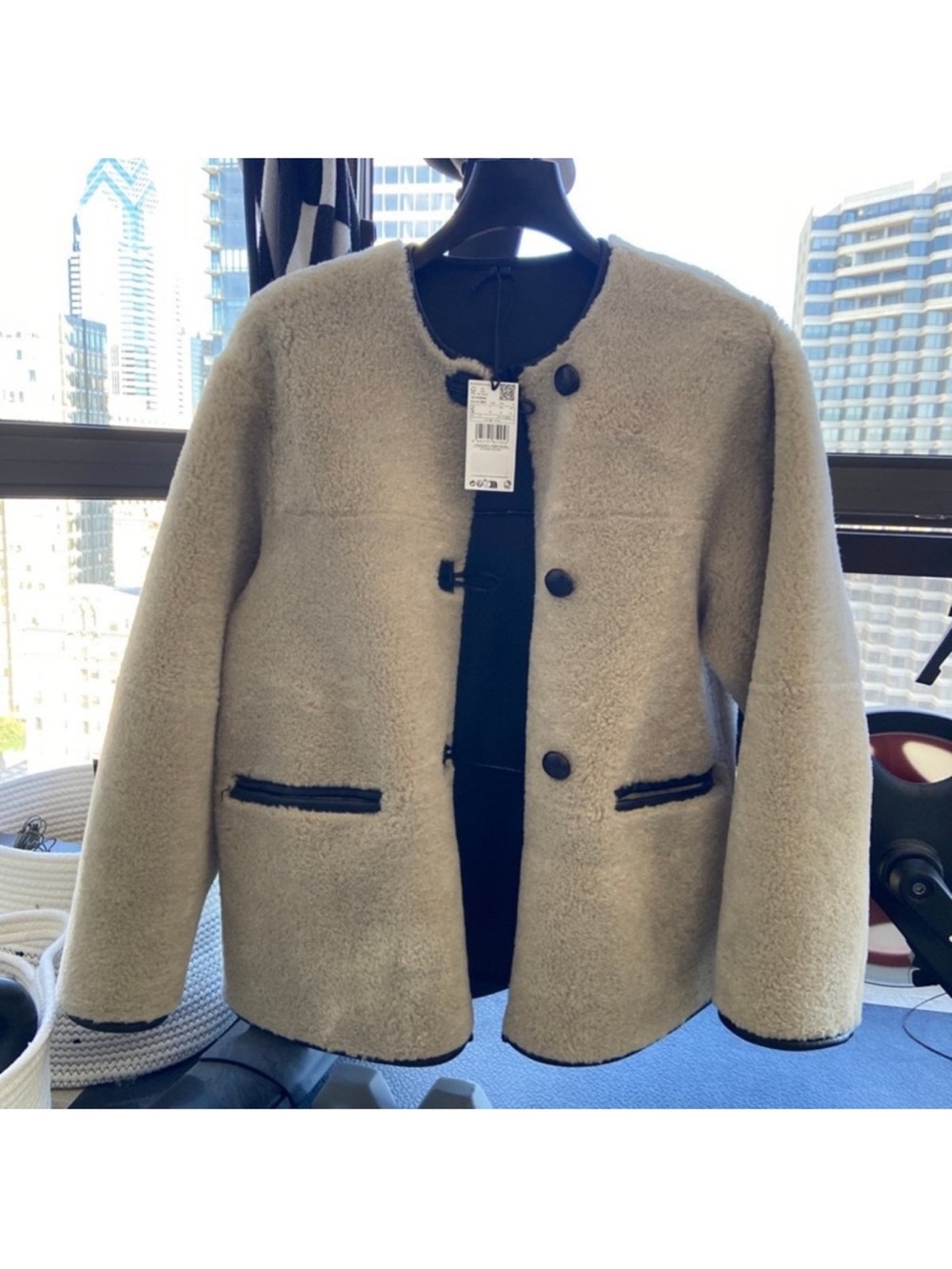 Mango Cream Teddy Jacket with Black Trim